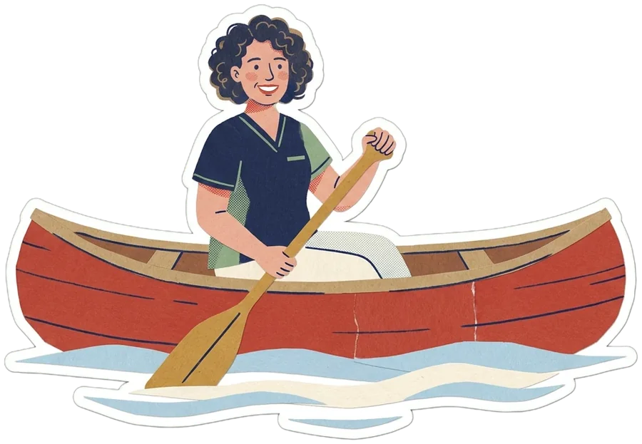 A chiropractor paddling a canoe on a golden lake