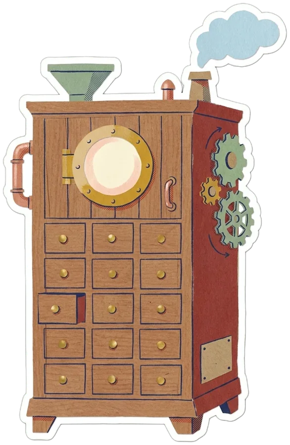 The Office Optimizer machine, a paper cut-out cabinet