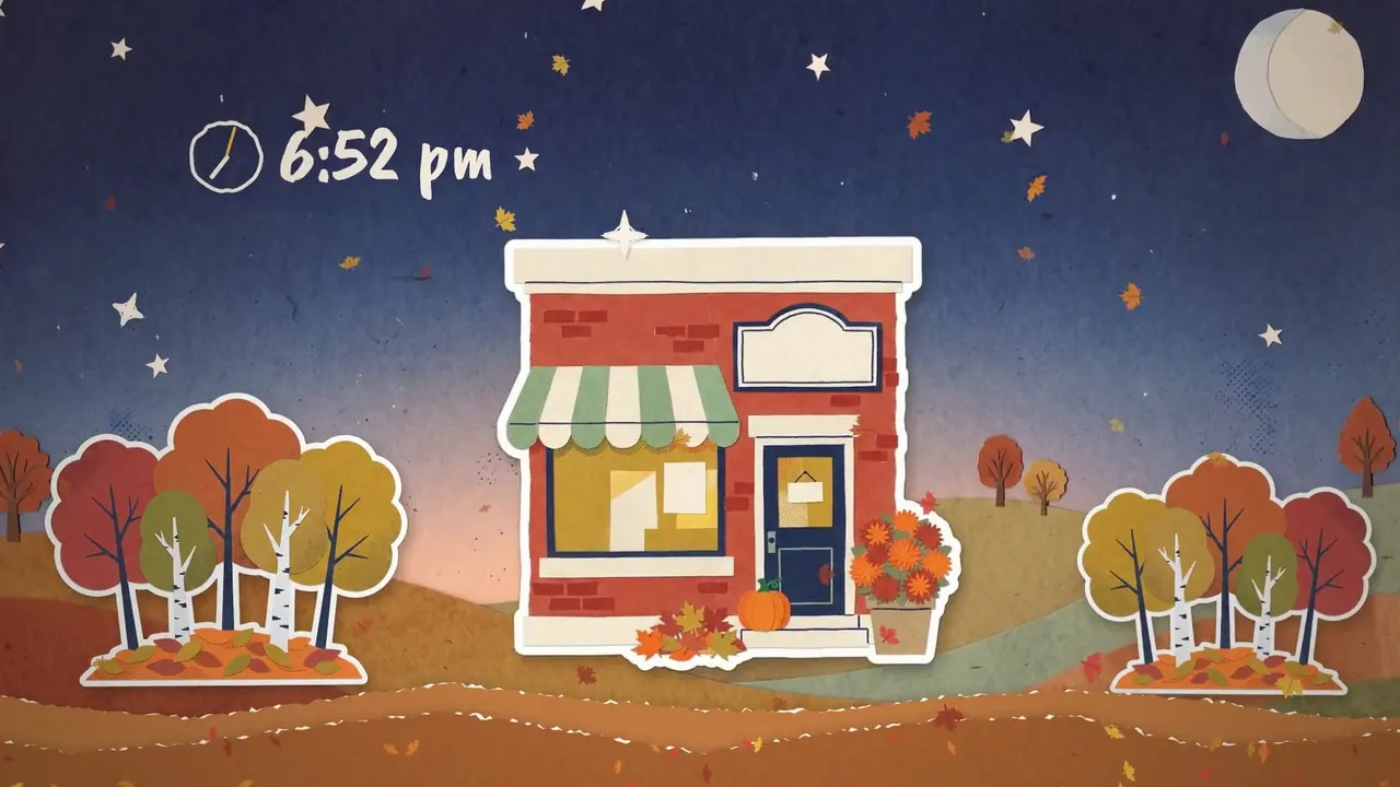 Opening frame of the video: a paper-cut clinic at dusk, 6:52 pm